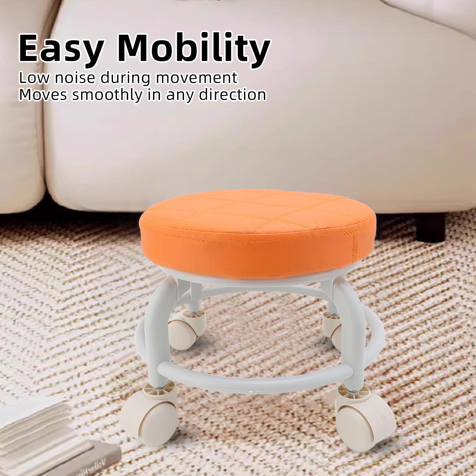 Sgabello Basso con Rotelle, Arancione Rotondo PU Imbottitura Morbida Girevole a 360 Gradi Sgabello Basso con Ruote, Sgabello Garage con Rotelle per Casa Negozio di Garage