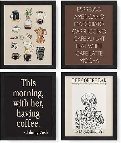 JXREQ Juego de 4 pósteres vintage de barra de café, arte de pared, moderno, retro, gótico, esqueleto, bebida, café, decoración de pared para