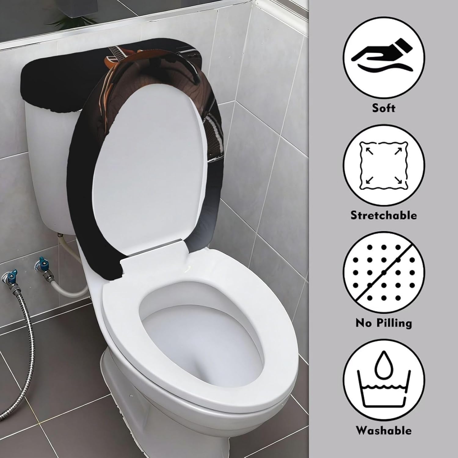 Musical Instrument Guitar Toilet Lid Cover and Toilet Tank Cover Set of 2,Dustproof Toilet Seat Lid Cover Stretchable Washable Toilet Top Cover for Bathroom Decor image 3