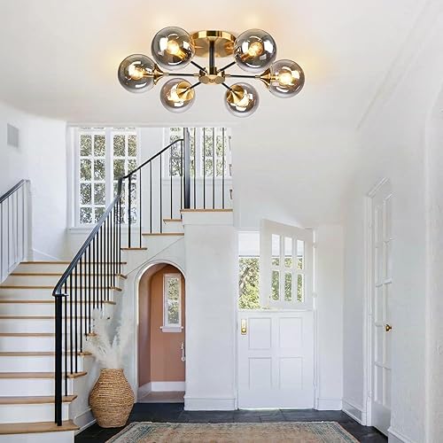 Miniatura 9 de KCO Lighting Lámpara de techo moderna con globo dorado de 6 luces, latón cepillado, cerca del techo, lámpara de baño de mediados de siglo, pantalla