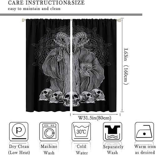 Vista 369 de Cortinas de cabeza de cabra, misteriosa cabeza de cabra malvada, calavera negra, bolsillo para barra, cortinas opacas para ventana, juego de 2