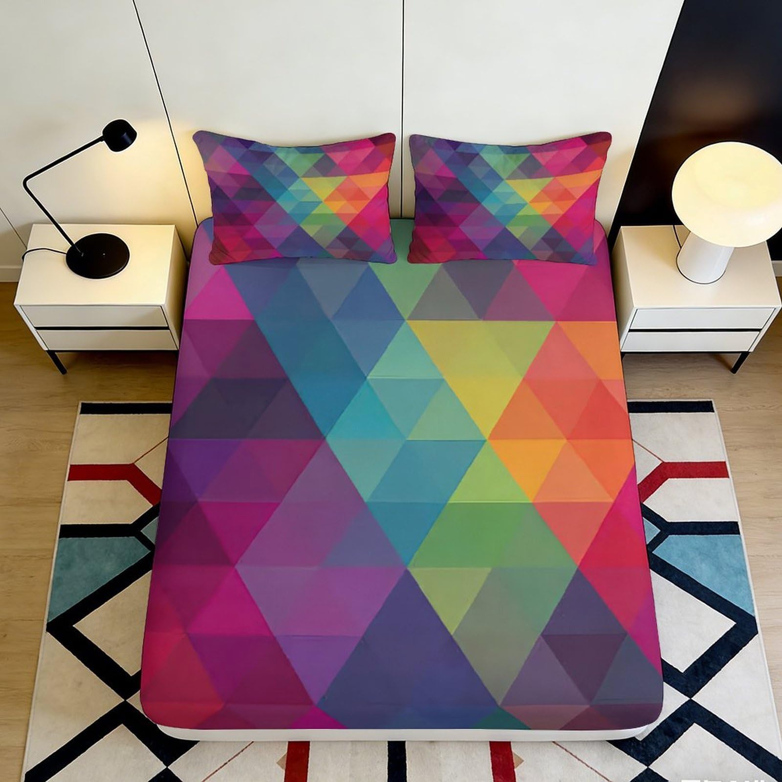 Jqzkxnhpbr Style-4 3D Printed Geometric Rainbow Fitted Sheet Microfiber Soft Breathable Abstract Triangle Mattress Cover For Bedroom Guest Room Decor 90X200x25cm