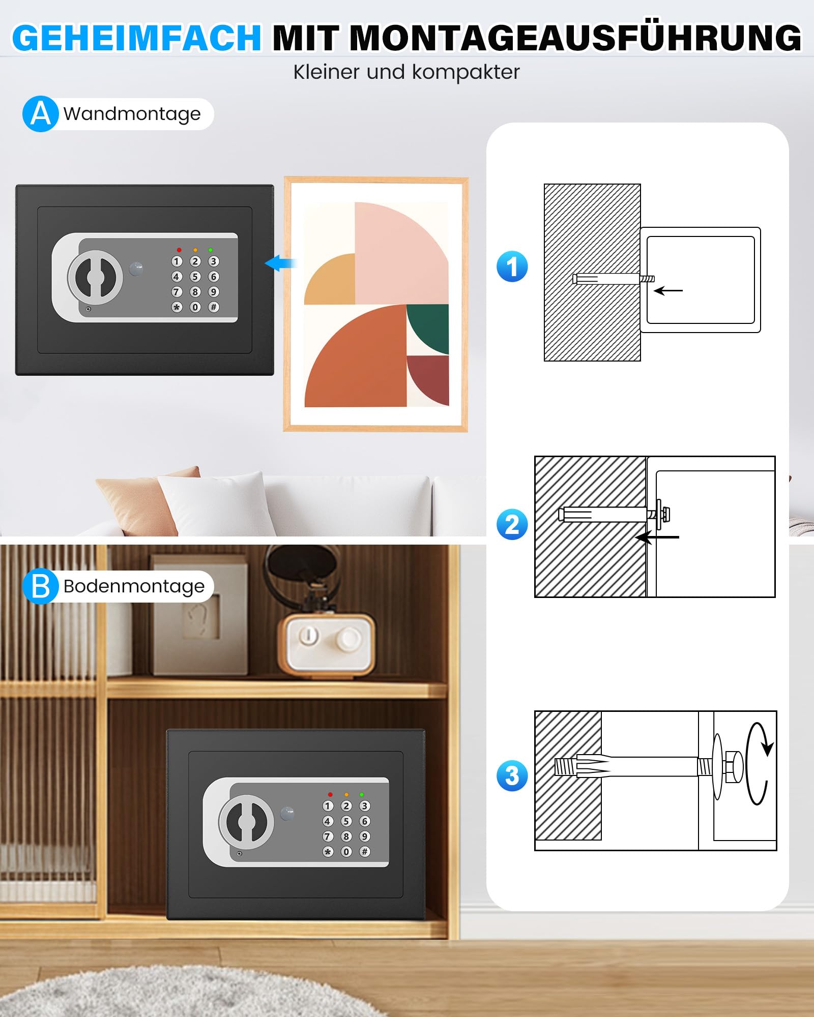 Mini cassaforte per casa, cassaforte digitale con chiave di ricambio, ripiano rimovibile e sistema di allarme, cassaforte da parete con serratura a combinazione per contanti, documenti importanti