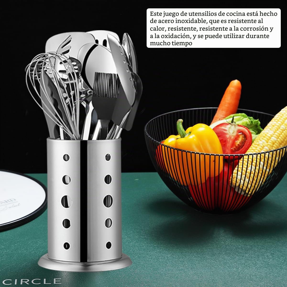 Juego de utensilios de cocina de acero inoxidable 40 piezas con soporte para utensilios, utensilios de cocina elementos esenciales, juego de espátula de metal