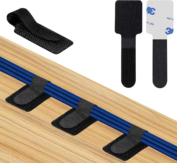 GPtzlei 50 Clip Autoadesive per Gestione Cavi Sotto Scrivania - con Sistema Gancio e Anello, Riutilizzabili, Regolabili, per PC, TV, Ufficio e Casa, Installazione Senza Trapano (Black) - 1