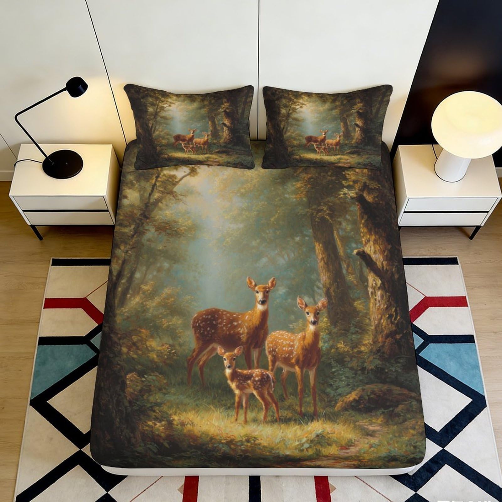 3D Printed Forest Deer Fitted Sheet Microfiber Soft Breathable Woodland Animals Mattress Cover for Bedroom Dormitory Guest Room Mattress Protection Decor 200x200x25cm
