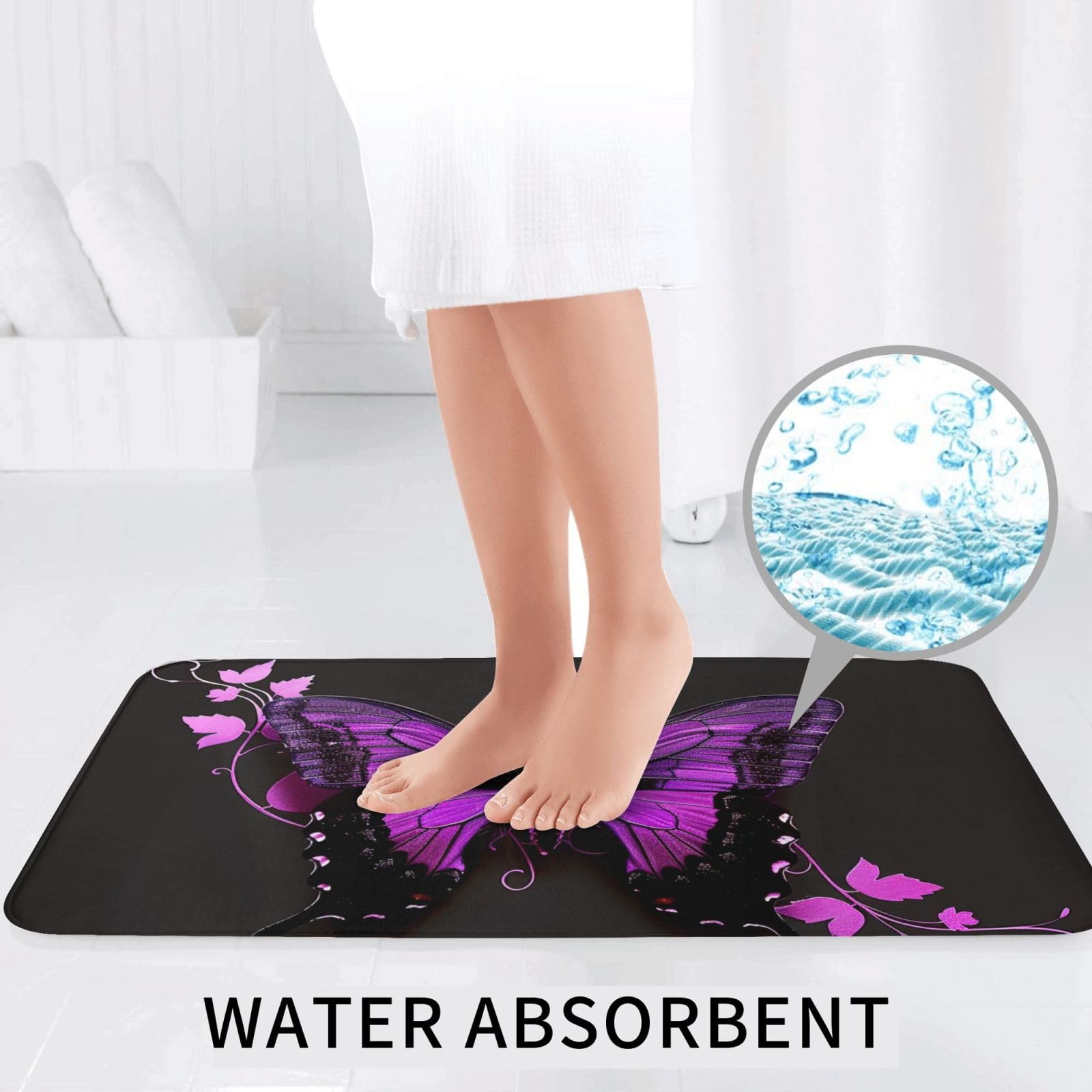Lot de 3 tapis de bain antidérapants et absorbants en flanelle avec motif papillon violet et noir