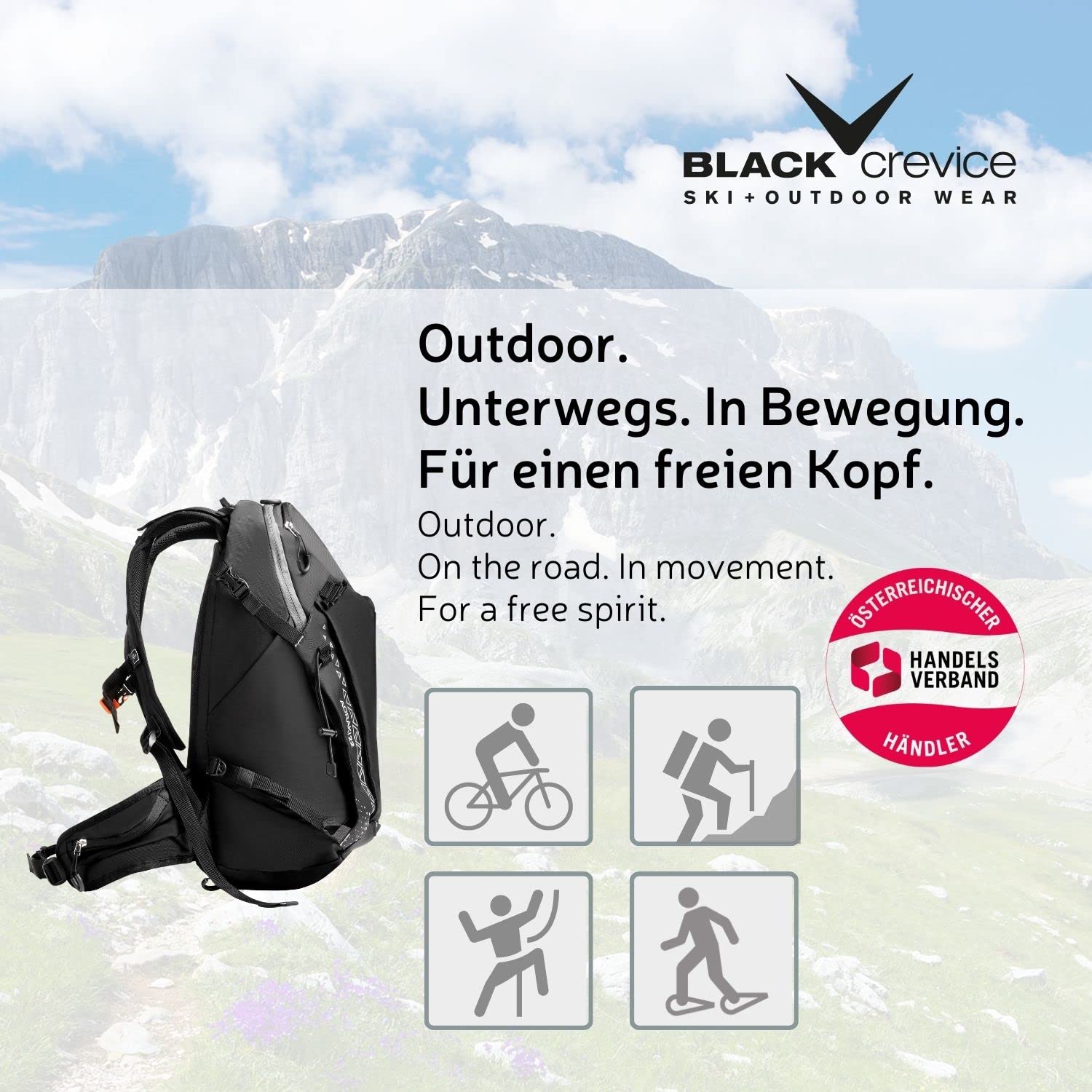 Black Crevice Wander & Bike Rucksack AORAKI 22 L I Hochwertiger Outdoor Rucksack mit Trinksystem & Regenhülle I Verstellbarer Skirucksack I Ergonomischer Backpacker Rucksack Damen & Herren
