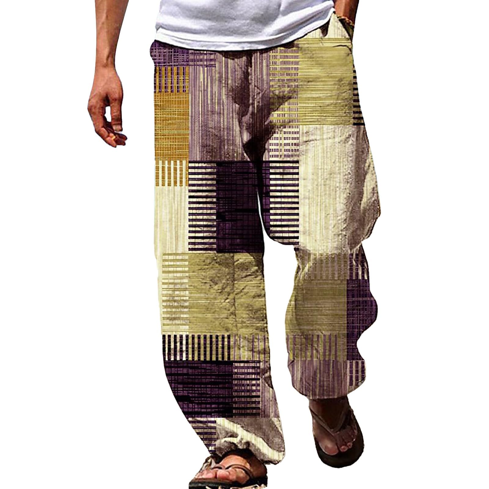 Bukknye Men's A-Yellow Patchwork Peace Elastic Waist Hippie Gypsy Trousers