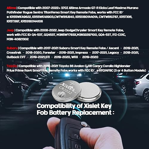 Miniatura 7 de Xislet Paquete de 2 pilas de repuesto para llave remota CR2032 OEM para Altima Jeep, Dodge Chrysler, Subaru, Toyota 2032, llave remota, sin llave,