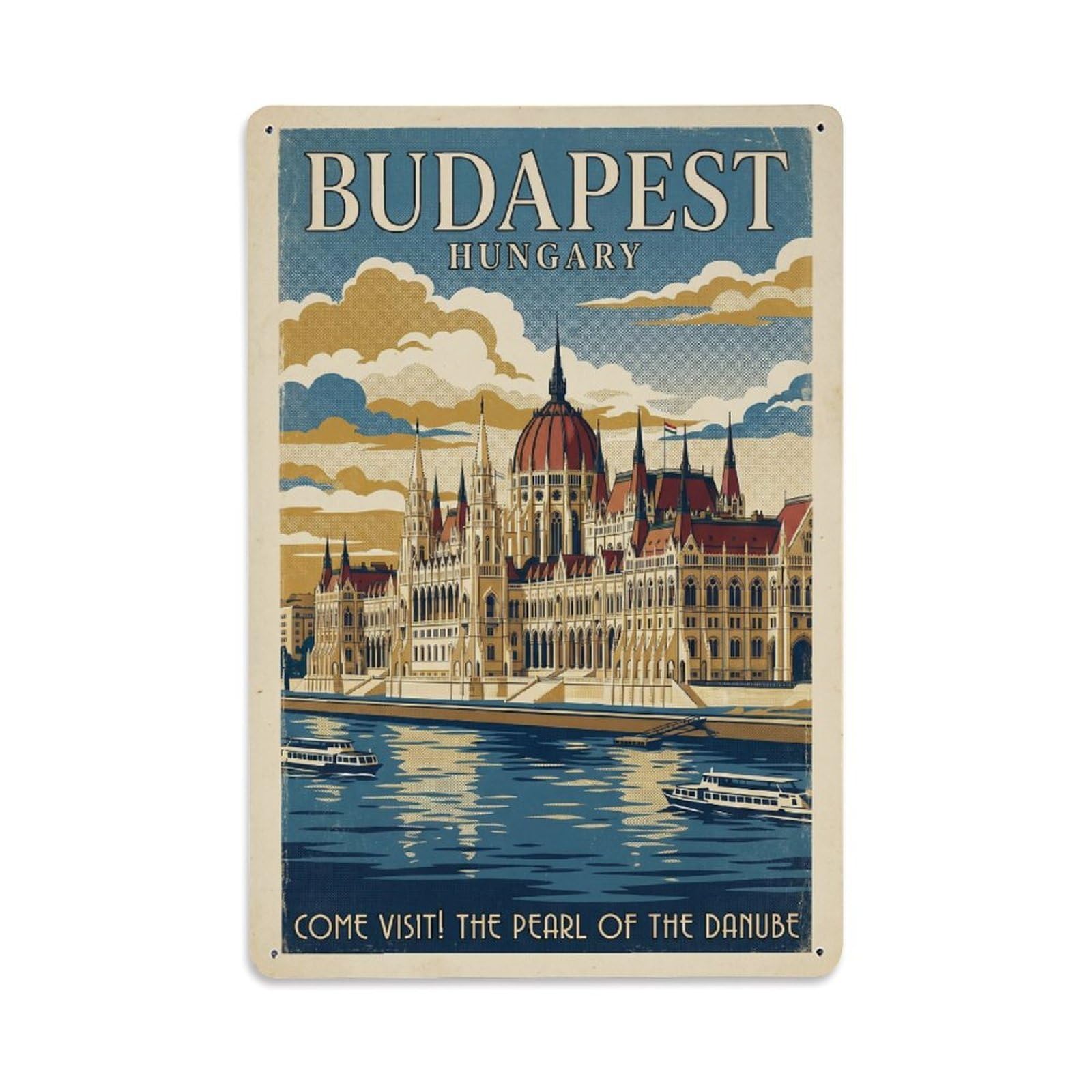 Vintage Travel Hungary Budapest（1） Metal Tin Sign Plaque Wall Decor for Cafe, Club Bar, Office, Garden Metal Poster 8x12Inch