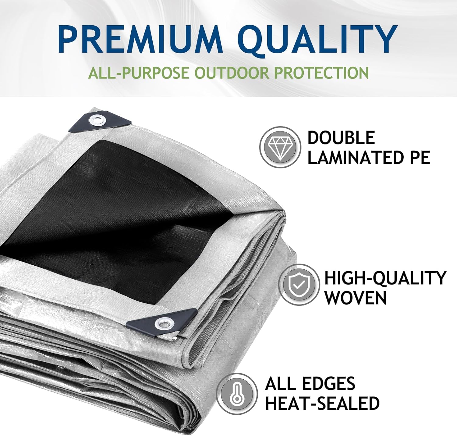 16 Mil Heavy Duty Waterproof Tarps, 16x20 Ft Finished Size Tarps, Premium Tarp with Metal Grommets & Reinforced Edge, Multipurpose Thick Poly Tar for Car, Boat, Roof, Camping - Silver