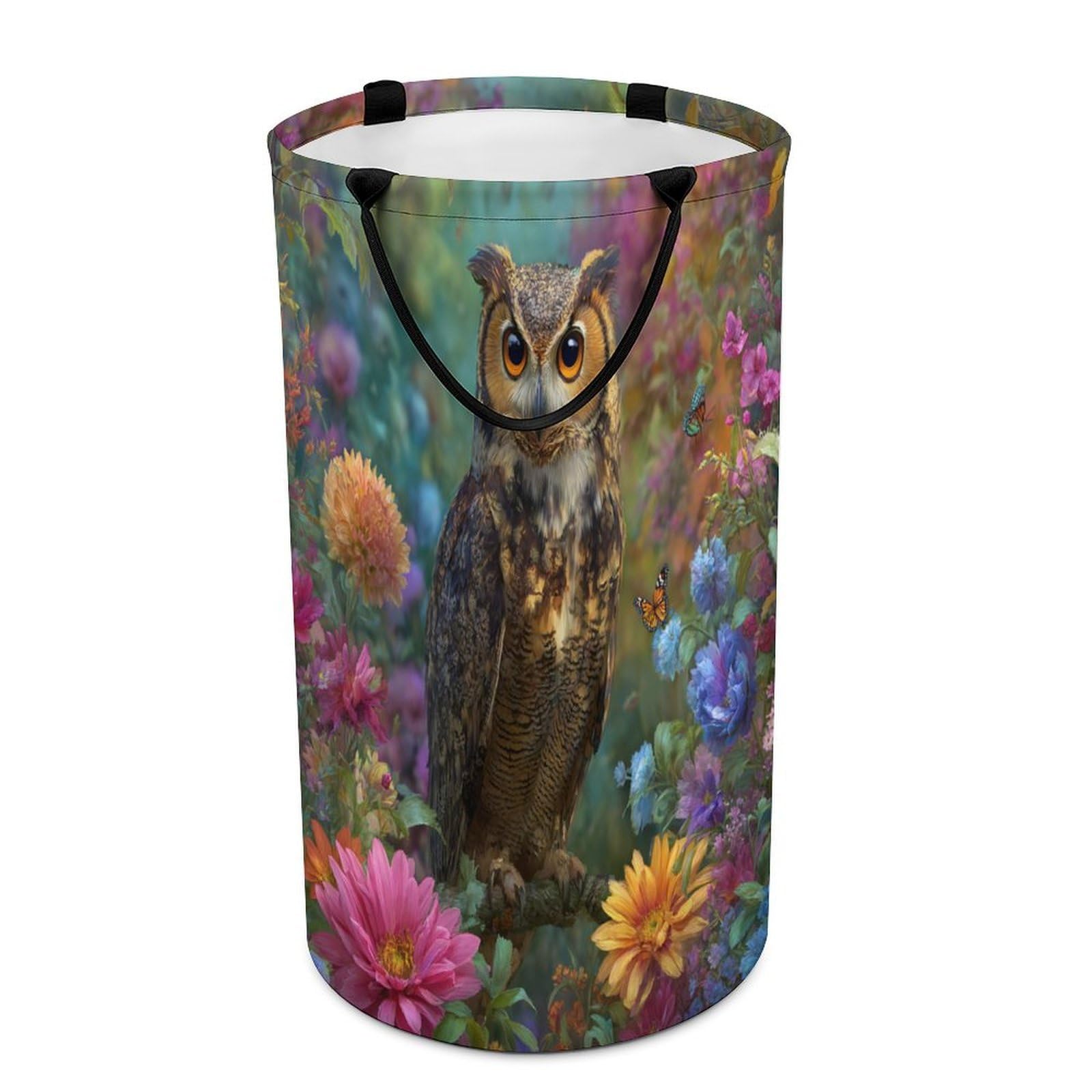 LUYYSKY Colorful Realistic Cute Owl Collapsible Dirty Clothes Basket, Modern Painting Art Forest Plant Floral Animals Owl Pattern Portable Clothes Storage Basket