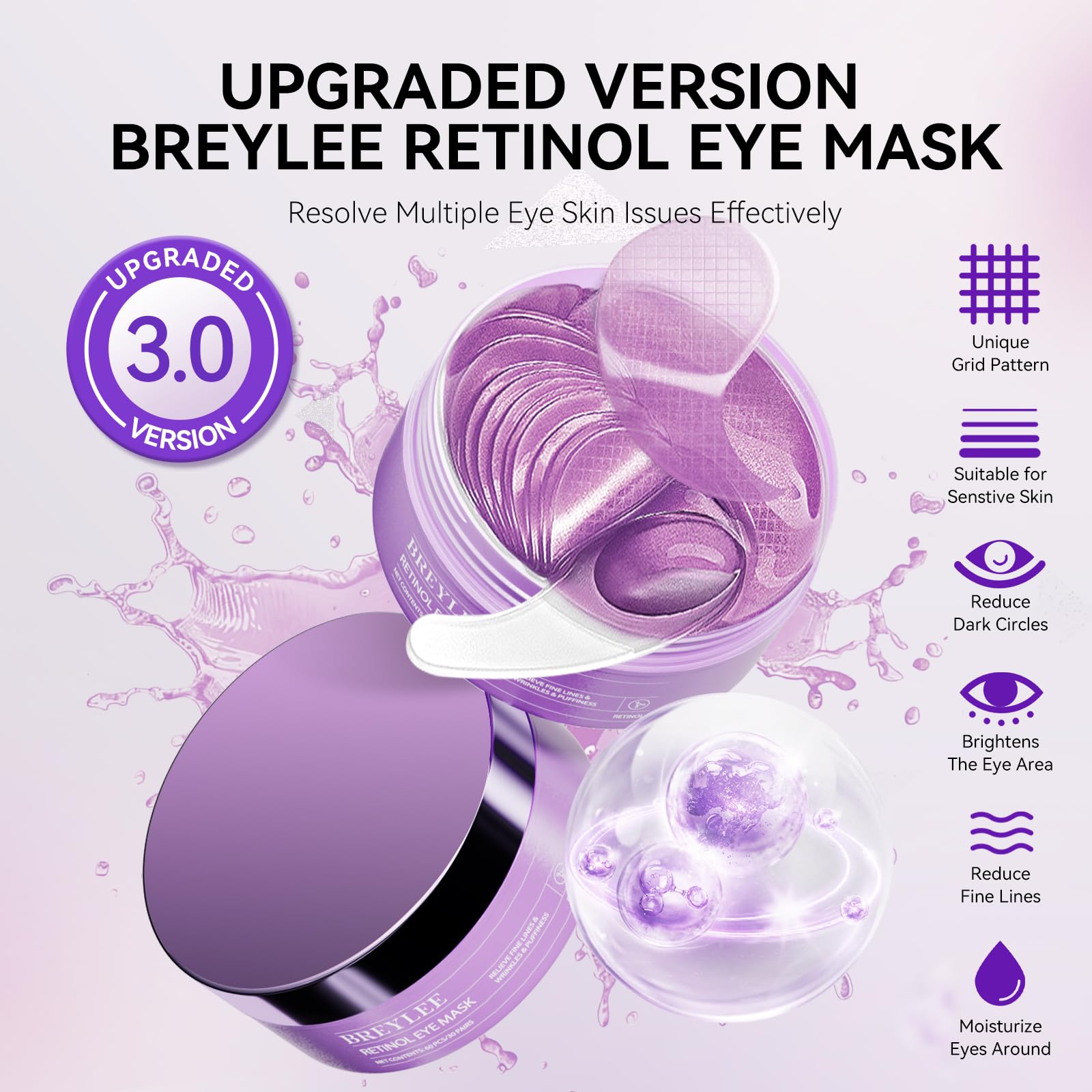BREYLEE Aloe Vera Eye Masks– 60 Pcs - Puffy Eyes and Dark Circles Treatments – Look Younger and Reduce Wrinkles and Fine Lines Undereye, Improve and Firm eye Skin - Pure Natural Material Extraction: Retinol purple