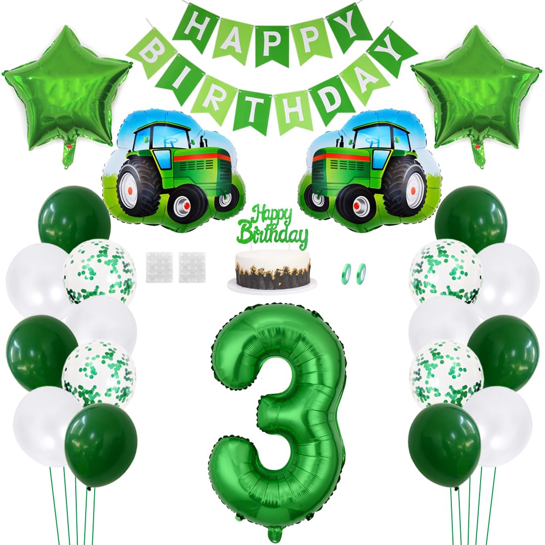 Daimay 23PCS Farm Green Tractor Birthday Decorations Tractor Party Supplies 3rd Happy Birthday Banner Farm Barn Tractor Balloon Green Number Foil