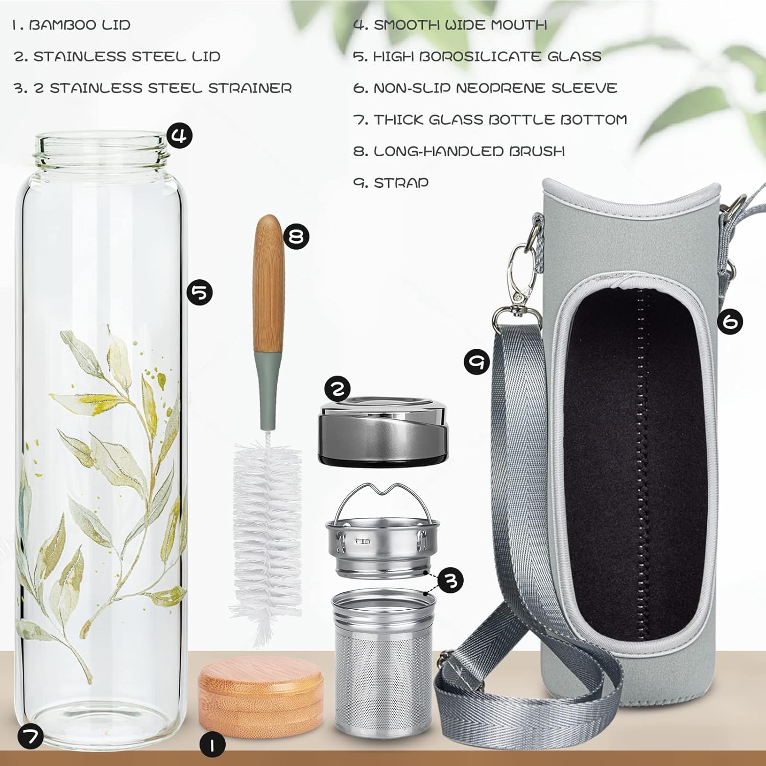32oz Borosilicate Glass Water Bottle with Tea Infuser, Tea Tumbler with Strainer, Reusable Travel Mug with Sleeve & 2 Lids, for Hot or Cold Drinks, Loose Tea, Fruit - Image 3