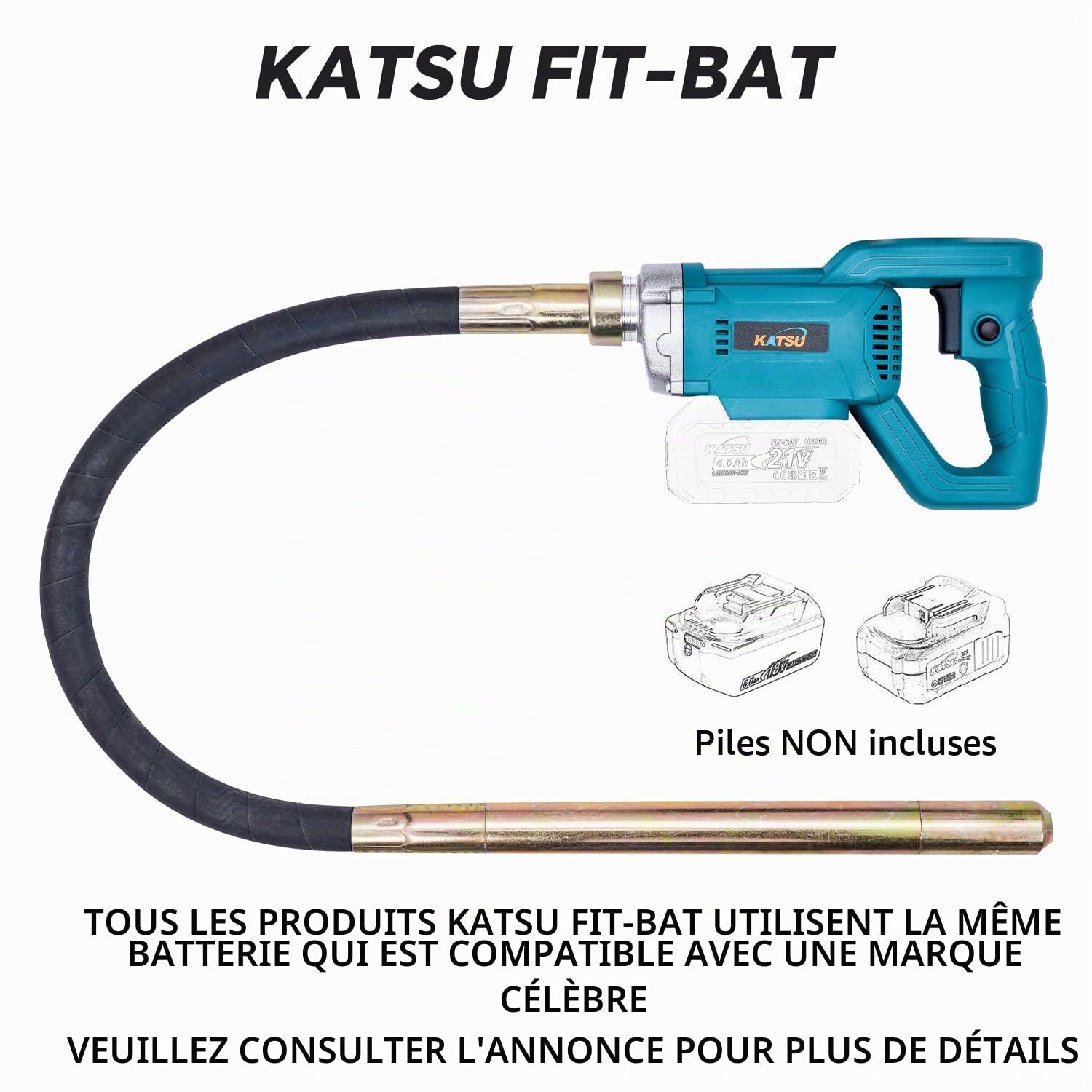 KATSU FIT-BAT 21V Vibrateur de béton sans fil sans balais avec tuyau de 1,2 m et 35 mm