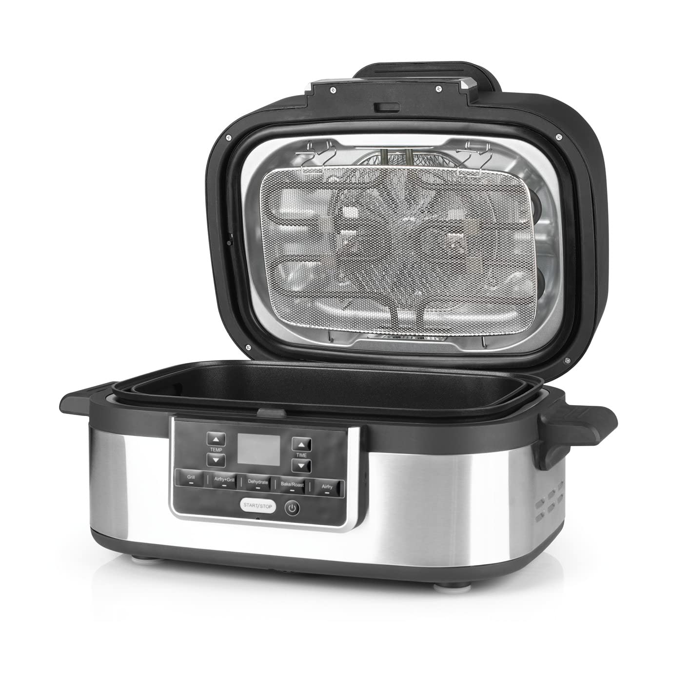 MAXXMEE Multi-Grill mit Heißluft-Funktion 1500w | Ober-/Unterhitze Tischgrill Antihaftbeschichtung | XL Garraum 4,5L zum Perfekten BBQ Look | 5 Programme & LED Display [Schwarz Silber/Kunstoff Stahl]