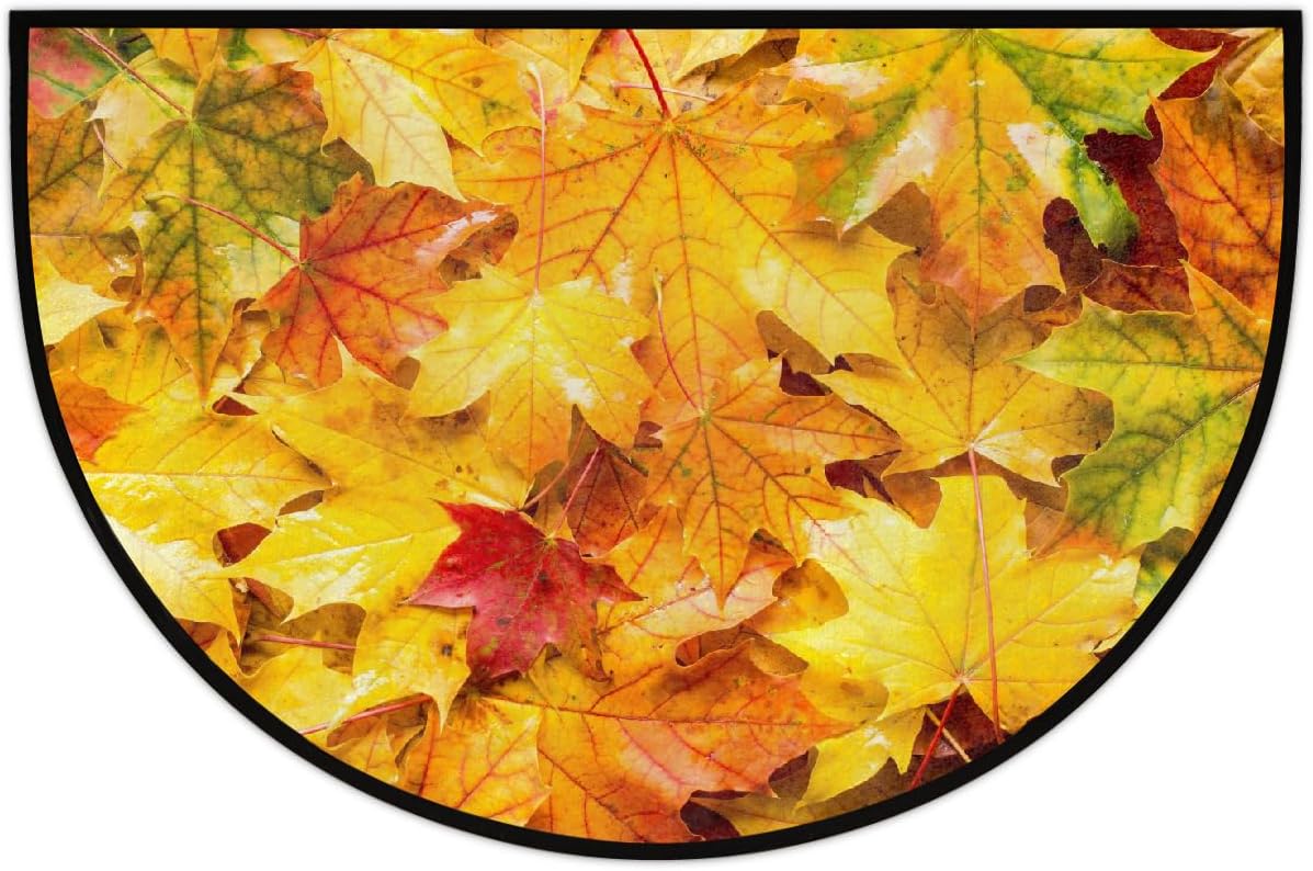 Half Round Door Mat Autumn Maple Leaf Fall Half Moon Rug Washable Half Circle Area Rugs Indoor Entrance Non Slip Semi Circle Bathroom Rugs Floor Carpet for Kithen Bedroom Fireplace Decor