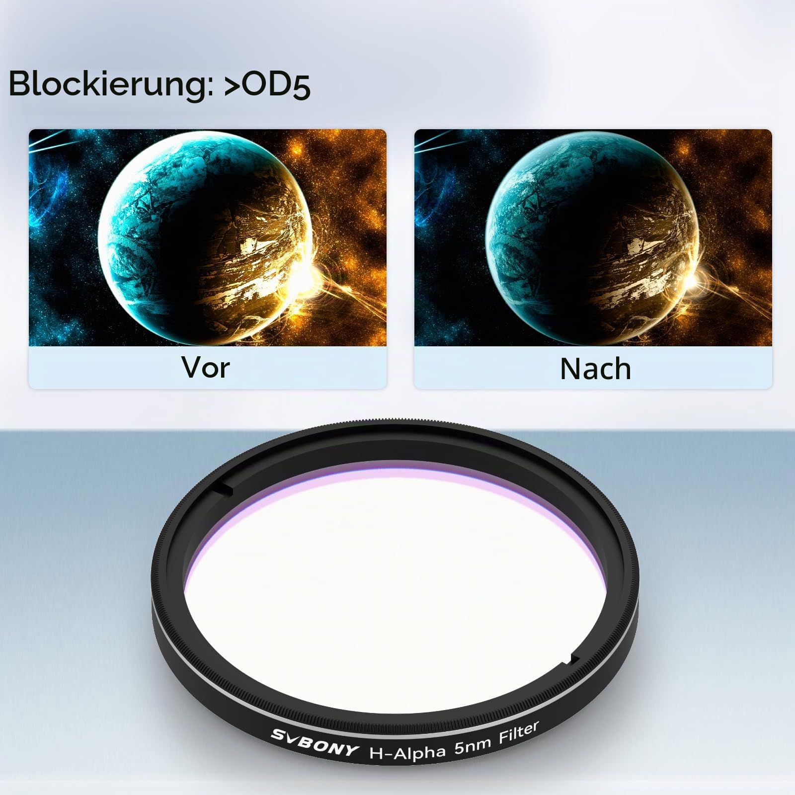 Svbony SV227 2" Teleskopfilter, H-Alpha 5nm Schmalband CCD Filter, Lichtverschmutzungsfilter Reduziert Himmelsglühen, Verbessert Kontrast und Details für Deep Sky Astrofotografie
