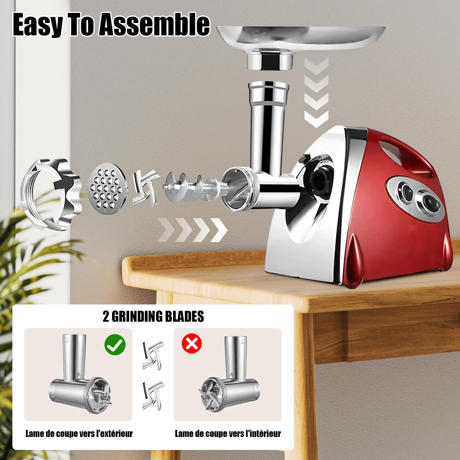 Hachoir Viandes Électrique, 2800W Hachoir Électrique, 3 en 1 Hachoir à Viande Acier Inoxydable avec 3 plaques de Broyage en Acier Inoxydable et Kubbe, Hachoir a Viande pour Légumes Saucisses (Rouge)