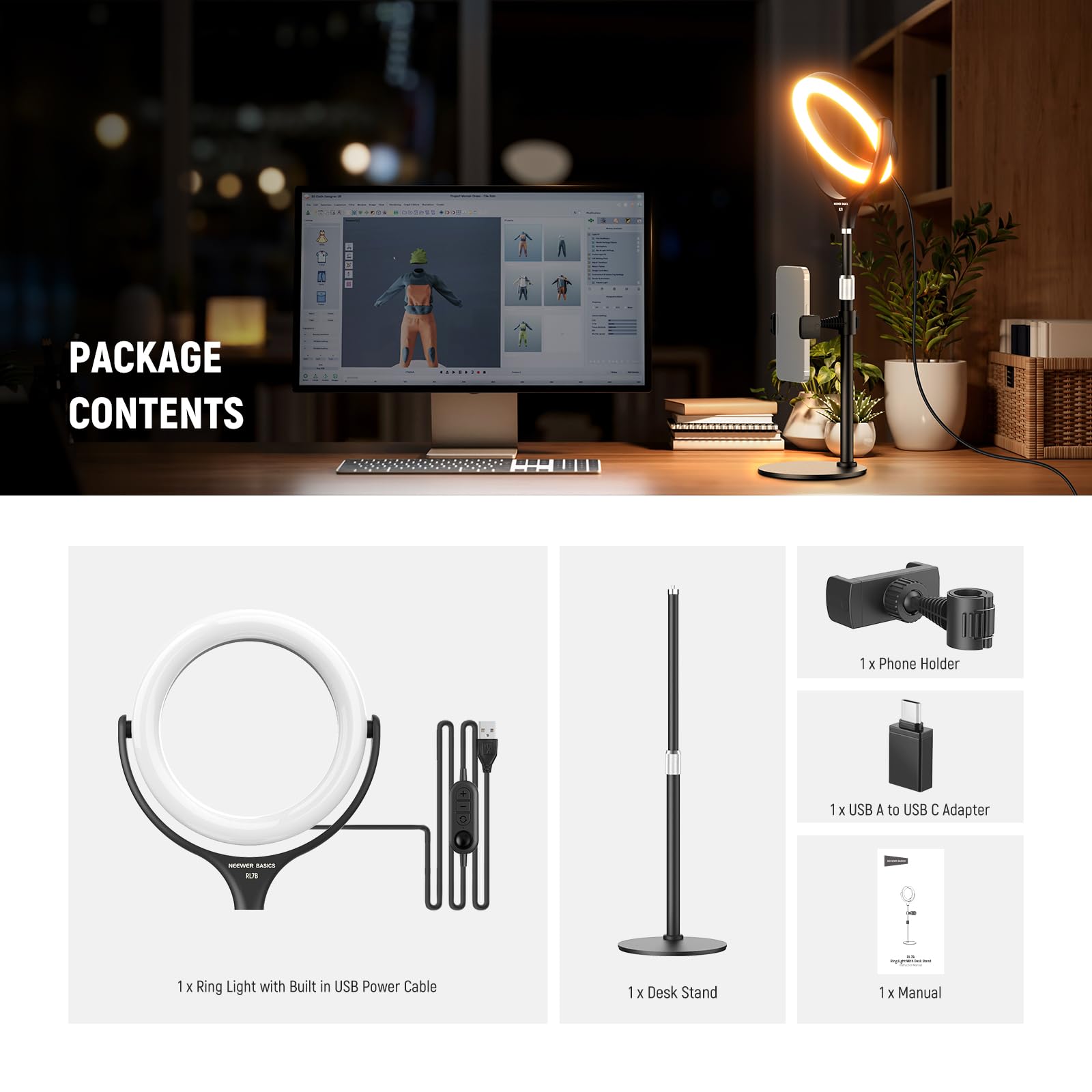 NEEWER BASICS lampa biurkowa z uchwytem na telefon, kompatybilne z iPhonem, 10 W CRI95 LED Selfie światło LED do nagrywania TikTok do nagrywania laptopa, kamery internetowej, Zoom wideokonferencja
