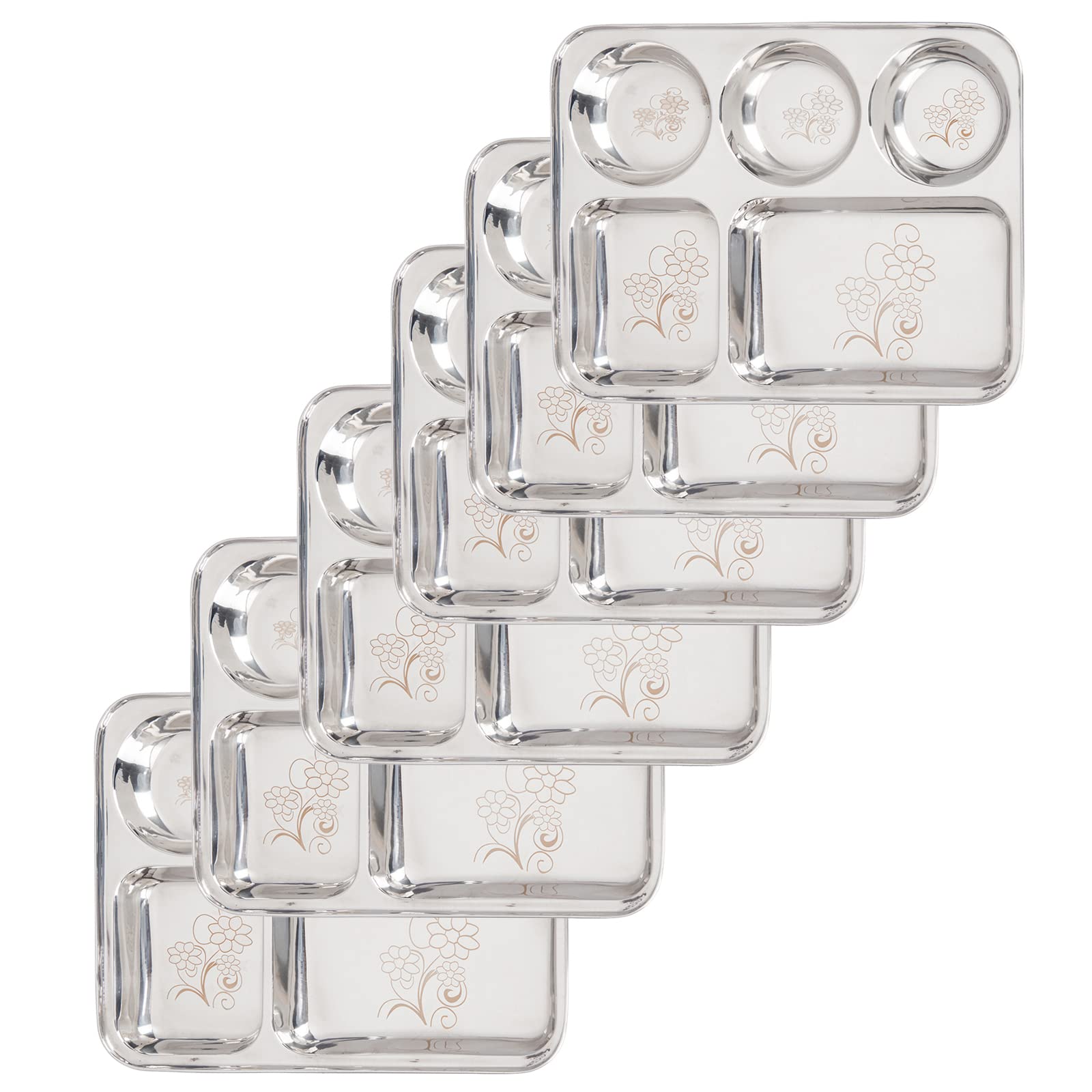 Abode Heavy Guage Stainless Steel Dinner Plate | Dinner Plate with Lazer Design | Dinner Plate/Thali Round with partition compatments Floral Design| Set of 6 | 330gm per Plate (B0BPT89Z9L) Amazon Price History, Amazon Price Tracker