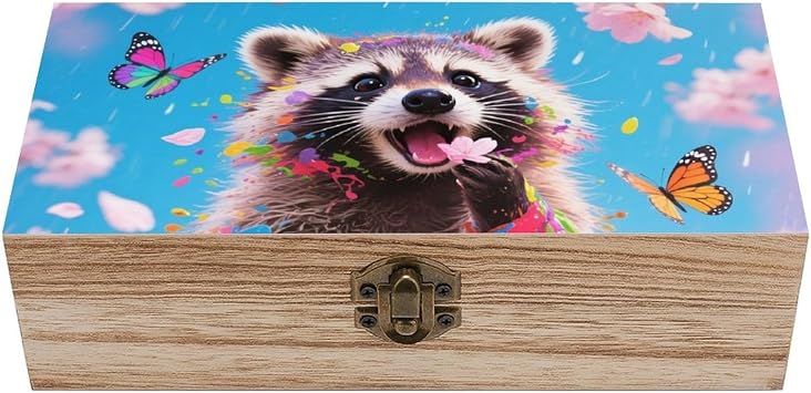 VIDI Personalized Wooden Keepsake Box - Sakura Raccoon Decorative Storage Boxes, 7.9x3.9 Inch Hinged Lid Memory Treasure Chest for Jewelry, Photos, Crafts Storage Natural Wood