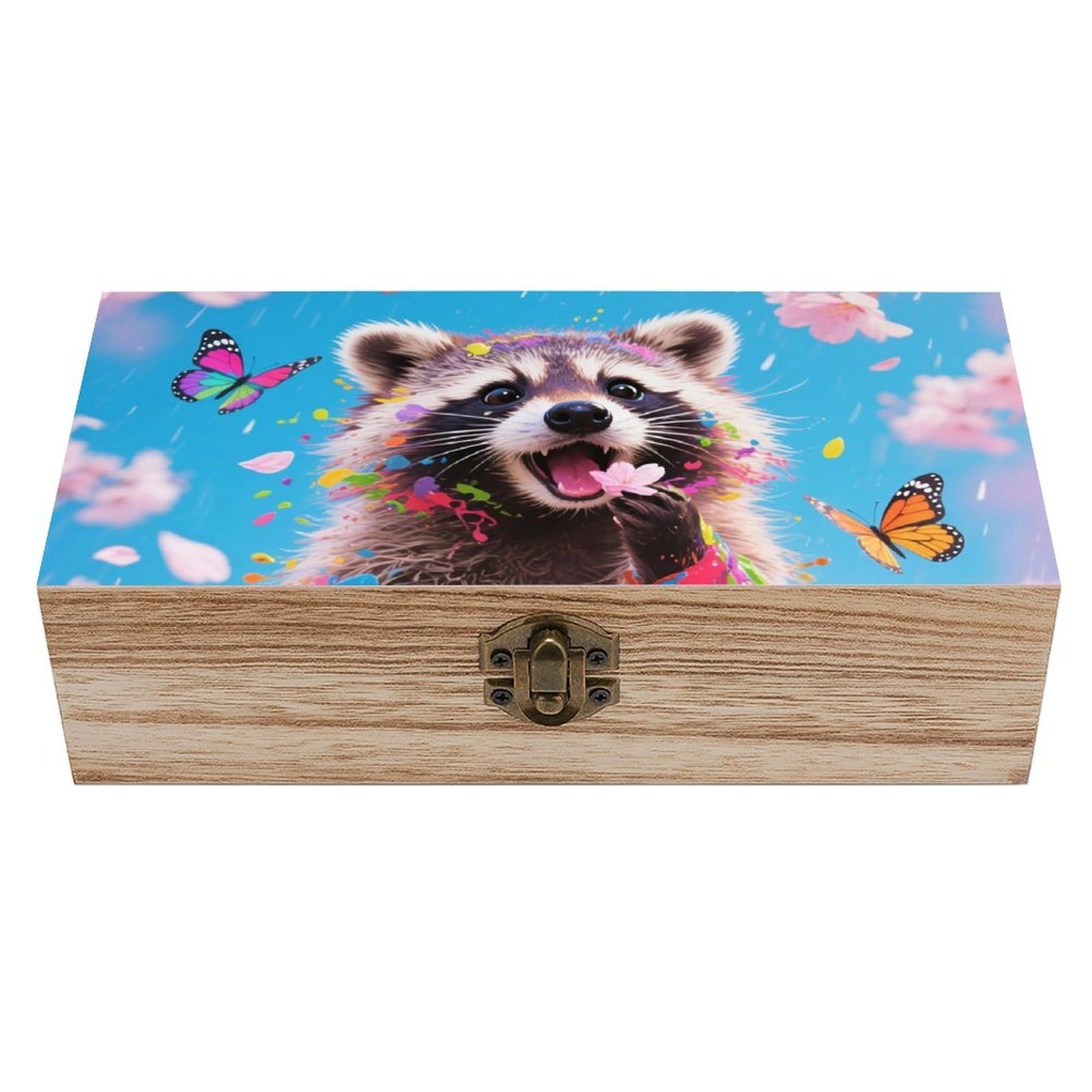 asbwuo Sakura Raccoon Wooden Keepsake Box Storage Boxes with Hinged Lid