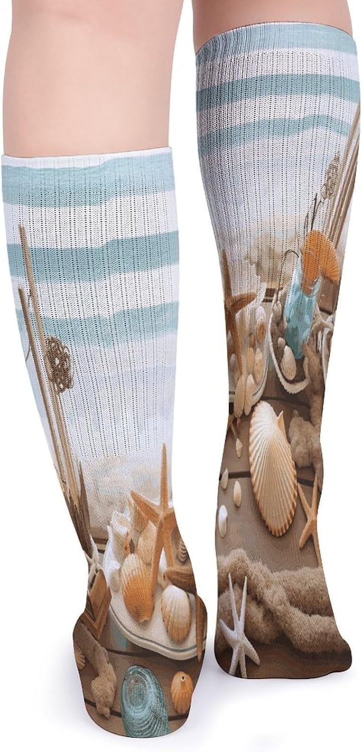 Ocean Beach Theme Knee High Socks Cozy Knee High Socks Soft Mid-Length Sock for All Seasons Daily Wear Adult