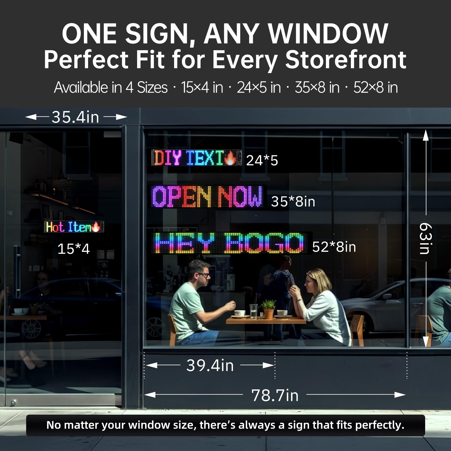 Señal LED programable de 52 x 8 pulgadas para escaparates, control de aplicación Bluetooth, adhesivo, alimentación por USB, pantalla publicitaria impermeable IP65