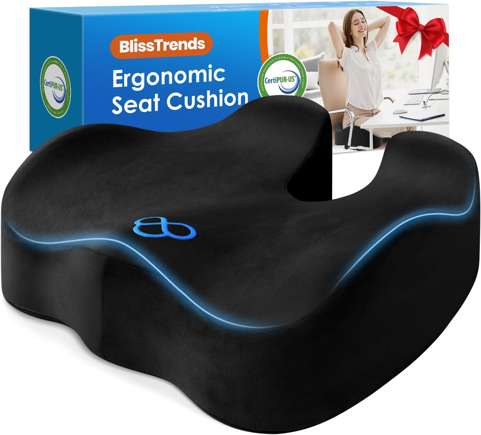 BlissTrends Seat Cushion, Thick Memory Foam Back Support Cushion for Pressure Relief, Tailbone Pain, Sciatica & Back Pain Relief for Office Chairs, 5.2in Thick (Black)