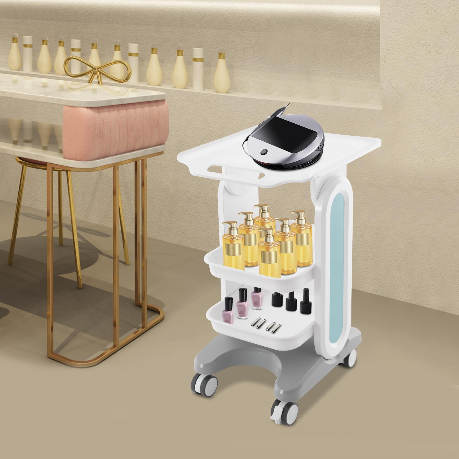Chariot médical - Chariot de laboratoire à 3 niveaux avec 2 tiroirs - Chariot de rangement médical mobile pour hôpitaux, salons de beauté, spas (blanc vert)