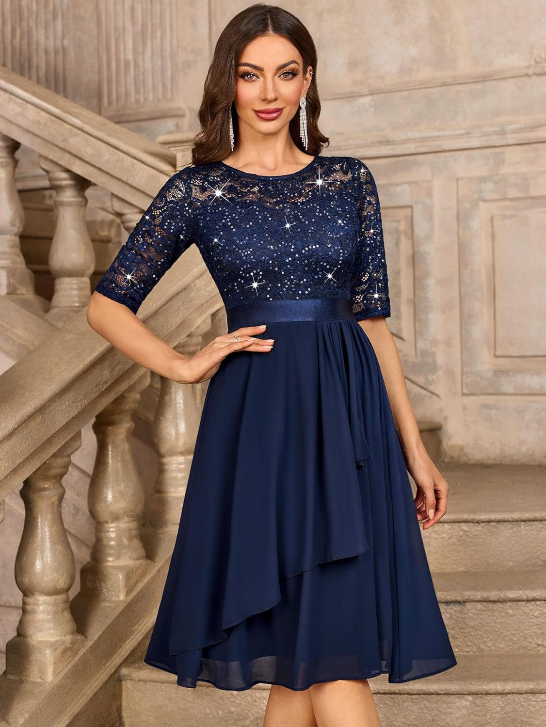 Miusol Women's Classy Scoop Neck Pleated Glitter Sequin Lace Half Sleeve Formal Party A-Line Dress - Image 3