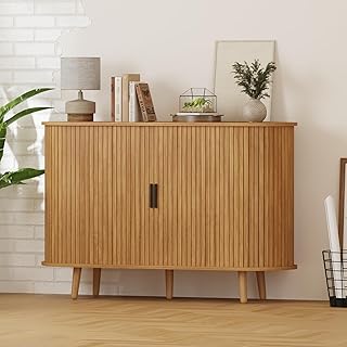 Fluted Sideboard Buffet Cabinet with Sliding Doors, Curved Edge Design for Dining Room Kitchen Living Room, Console Table Credenza with Storage (Natural, 47")