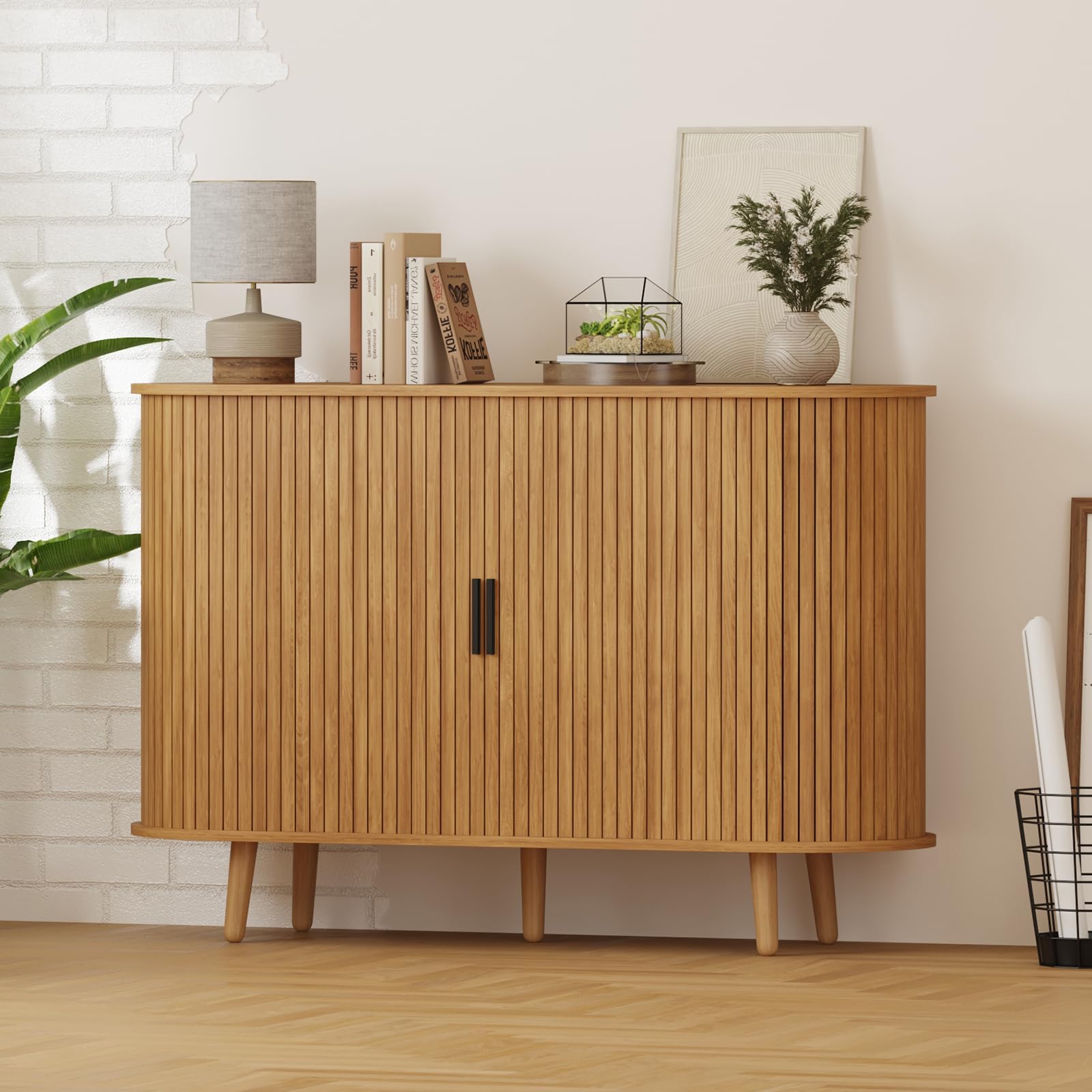 LSHUIZHU Fluted Sideboard Buffet Cabinet with Sliding Doors, Curved Edge Design for Dining Room Kitchen Living Room, Console Table Credenza with