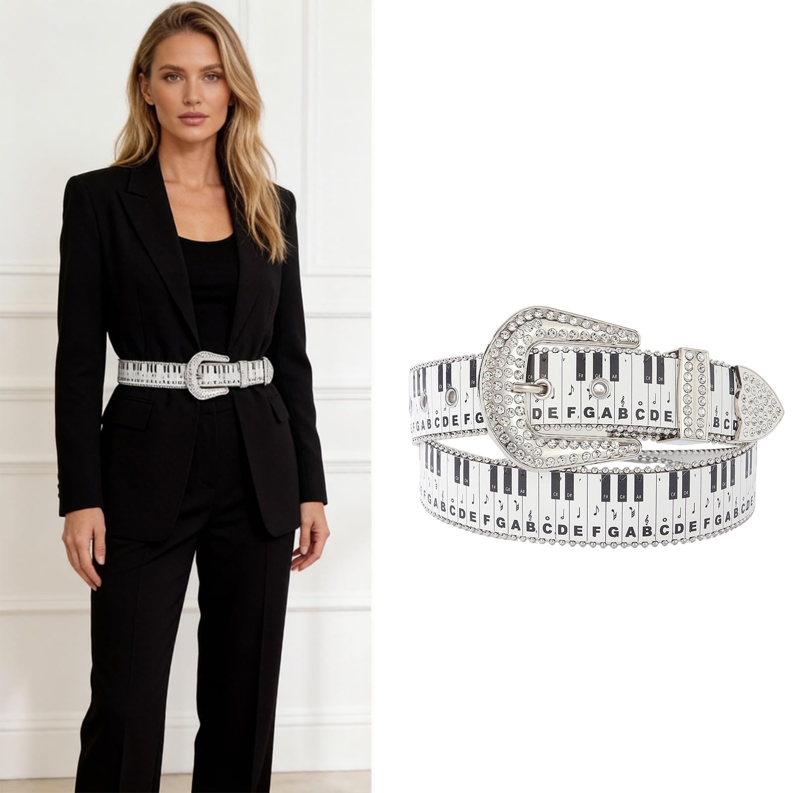 Piano - Cinturón de poliuretano ajustable con hebilla de aleación de diamantes de imitación para vestidos y uso casual