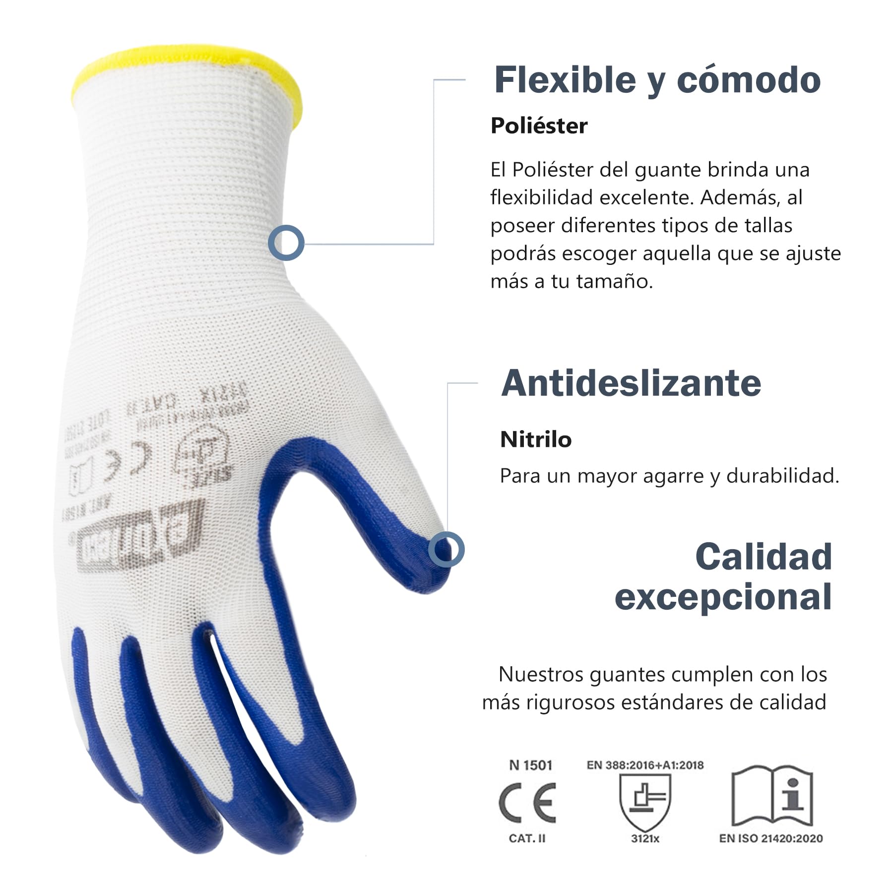 Guantes de Trabajo Profesionales Ideales para Automotriz, Construcción y Embalaje, Guantes de Protección CAT2 en Poliéster y Nitrilo, Precisión Táctil, Multipropósito, Cómodos, Resistentes