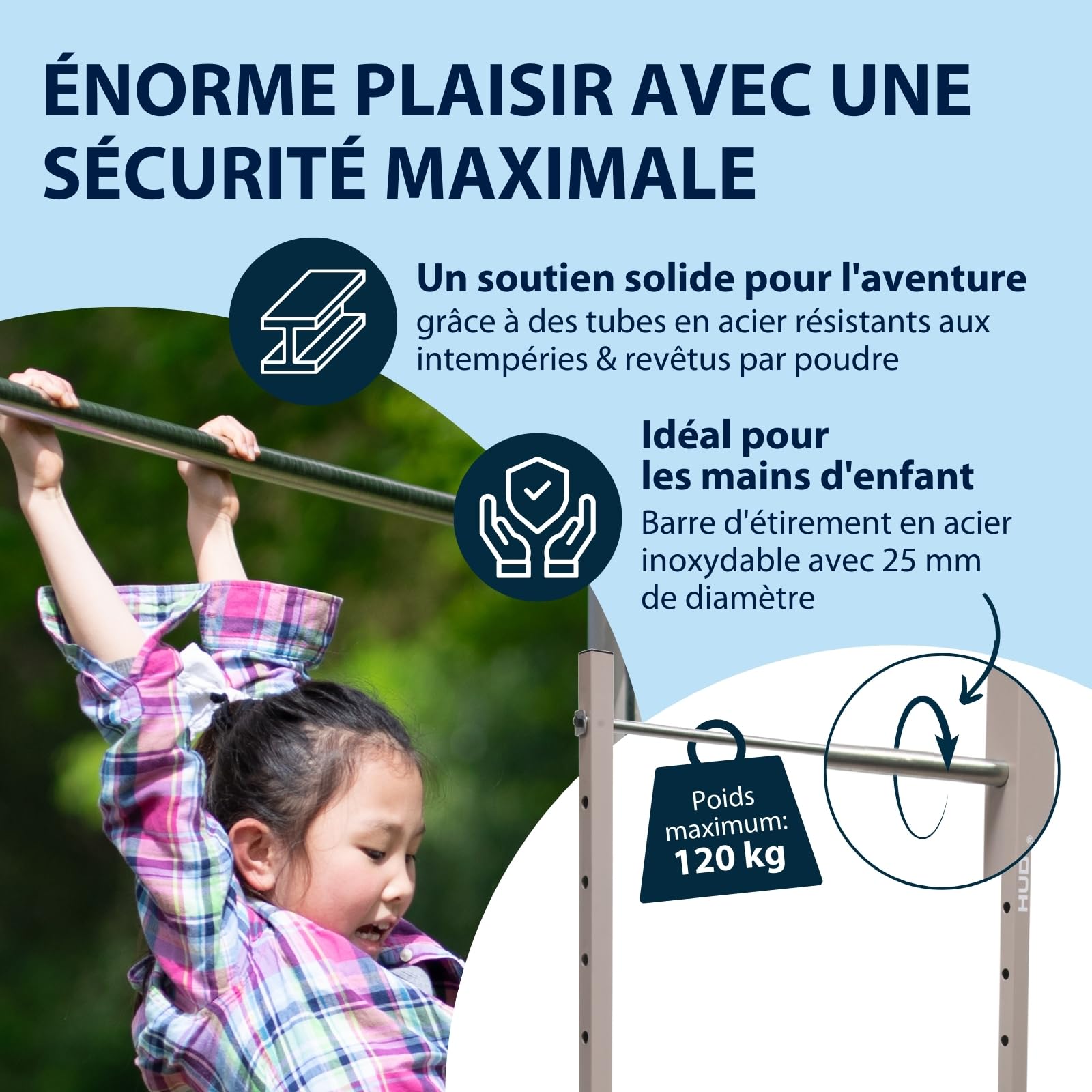 HUDORA Vario barre de gymnastique - barre réglable en hauteur à 7 positions pour enfants & adultes - extensible avec barre en acier inoxydable - barre de fitness robuste jusqu'à 120 kg