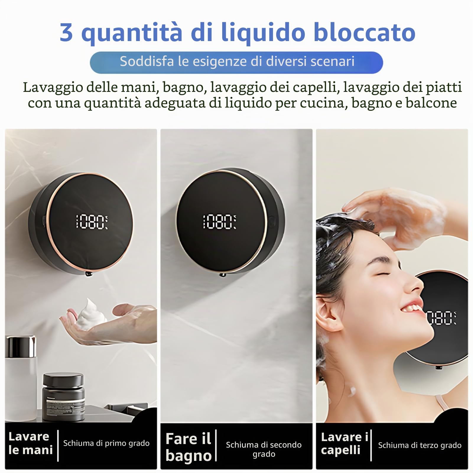 Kavolet Distributore automatico di sapone schiumogeno da parete senza senza foratura, 300 ml, dispenser intelligente ricaricabile con display LCD, 3 livelli regolabili