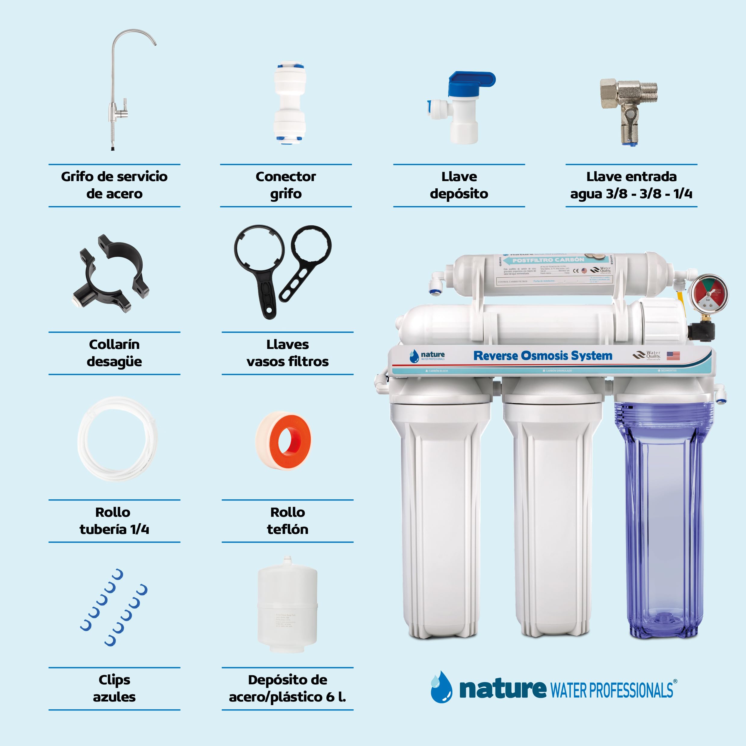 NATURE WATER PROFESSIONALS Equipo de Osmosis Inversa Doméstico, 5 Etapas, Grifo Acero Inoxidable, Depósito 6 Litros, Membrana 75GPD, Filtros, Accesorios