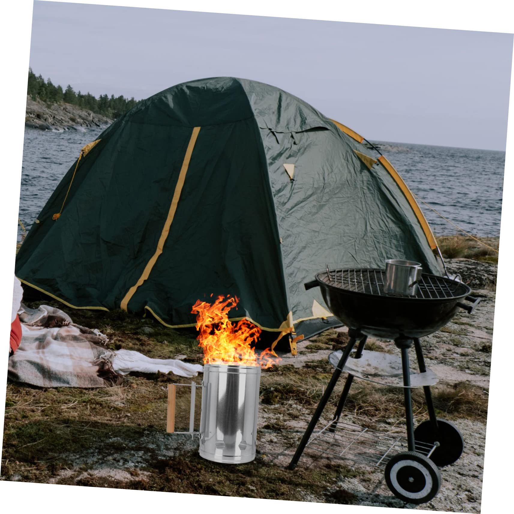 Ciminiera Starter Barbecue, Accenditore Rapido per Carbone | Secchio Accensione Fuoco, Alluminio Argento Base Ampia e Schermo Termico, per Viaggi e Grigliate
