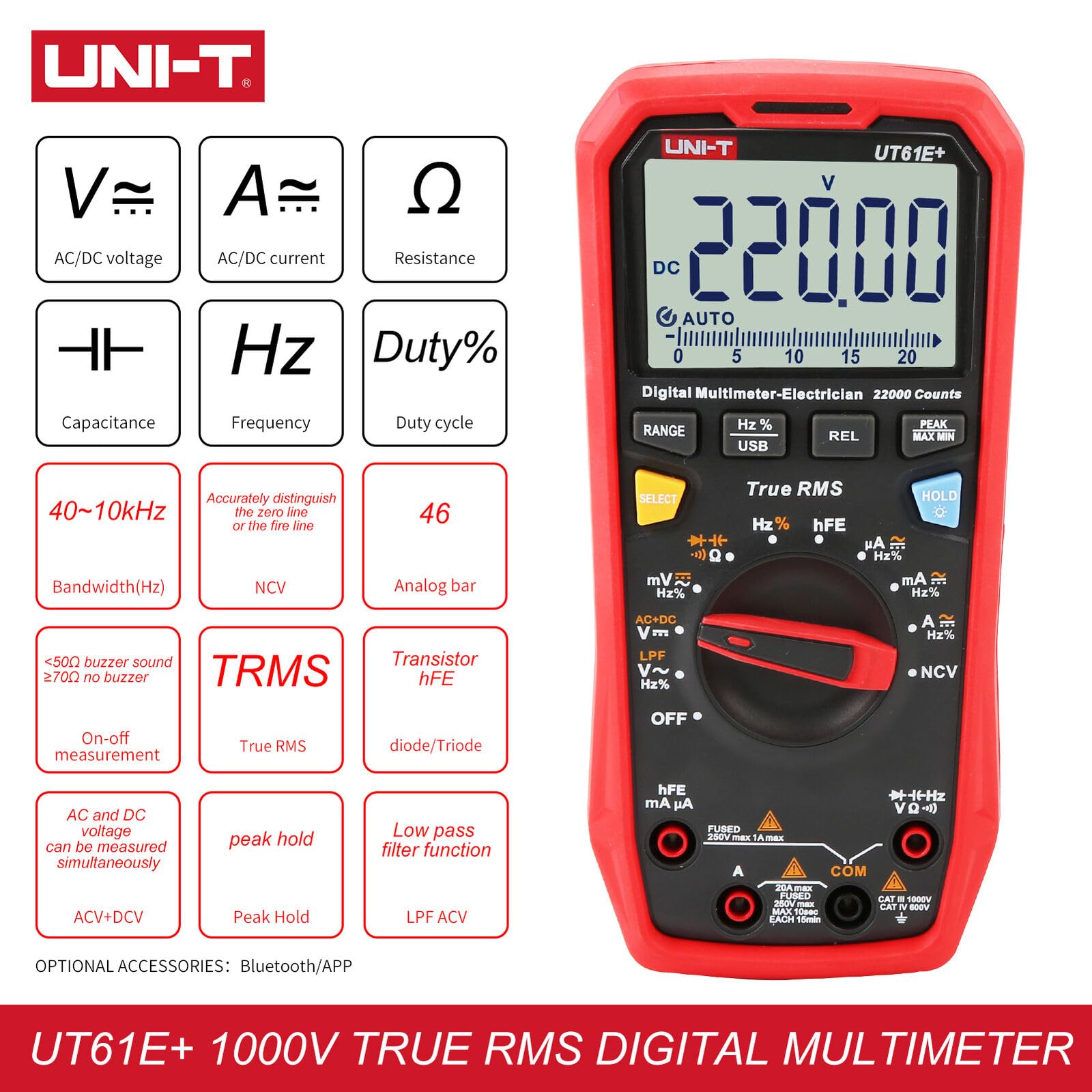 RockyMars UT61E+ Digital Multimeter True RMS 1000V AC DC USB Transmission 22000 Counts NCV AC/DC Voltage/Current Resistance Diode Transistor Hfe