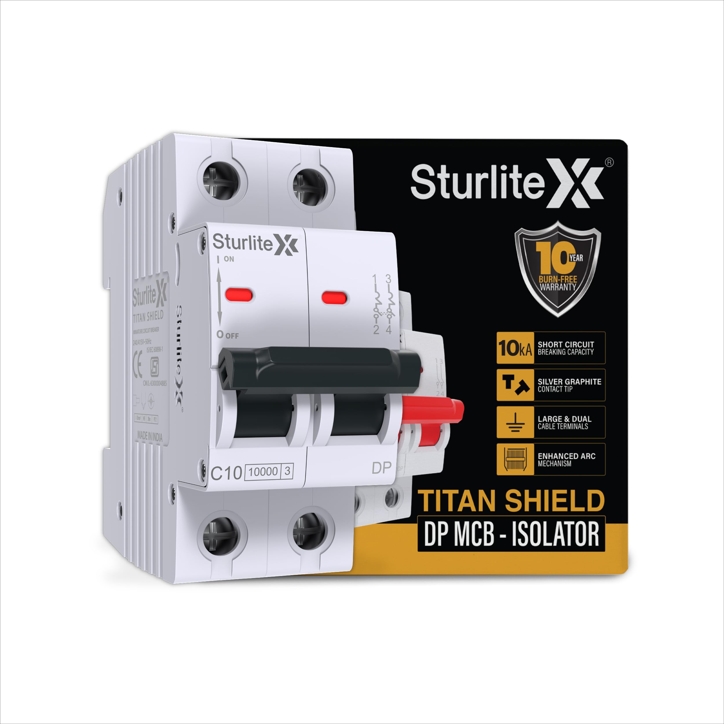 Sturlite Titan Shield 40A Double Pole MCB| Overload & Surge Protection| 10-Year Warranty| Durable Polycarbonate Housing| C-Curve Tripping| 40A Breaking Capacity