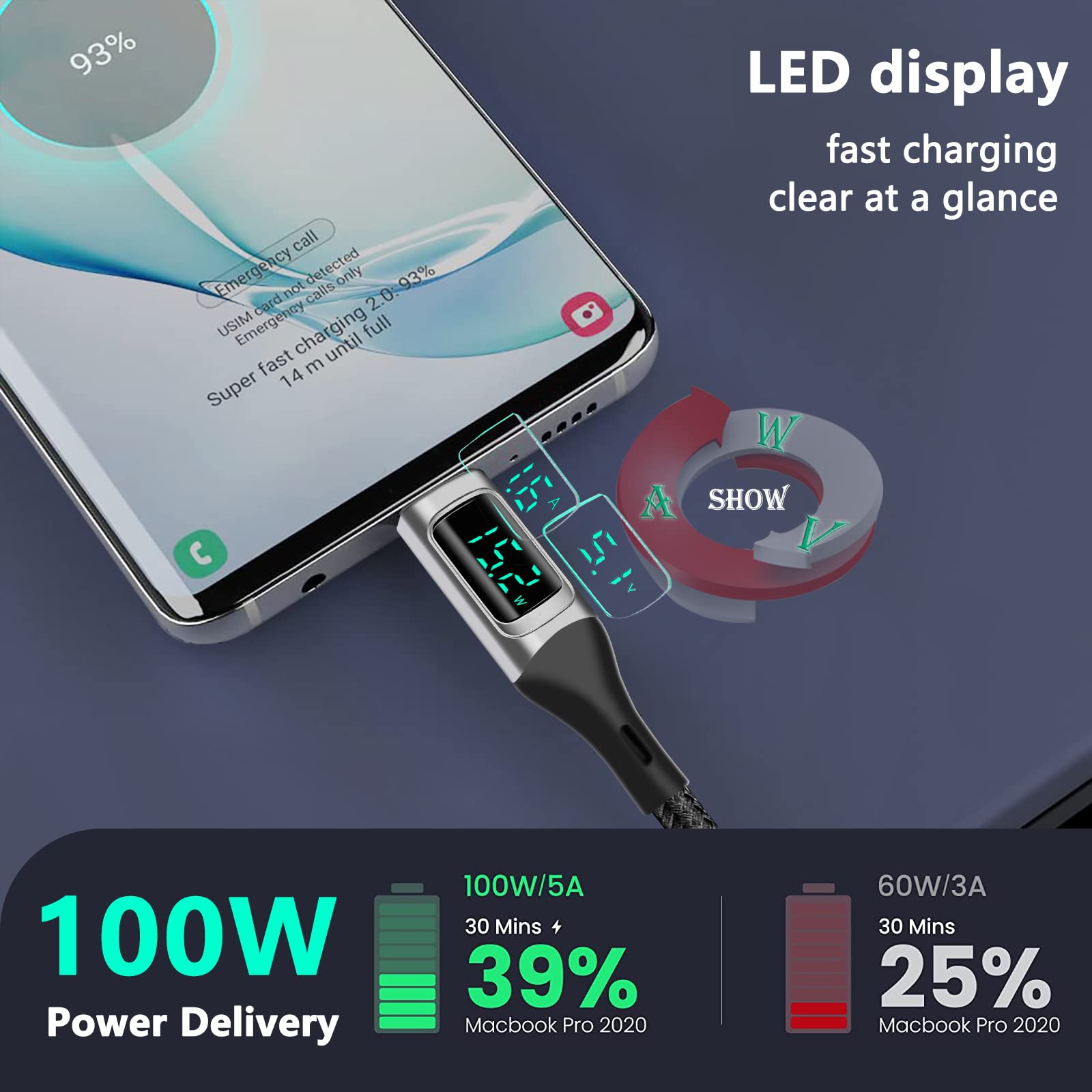 IZHOI Cavo USB Type-c USB C PD 100W 5A Cavo di Ricarica 2m argento per iphone 15 Galaxy S23 S22 S21 S10 S9 Plus Mcabook pad Pro 2020