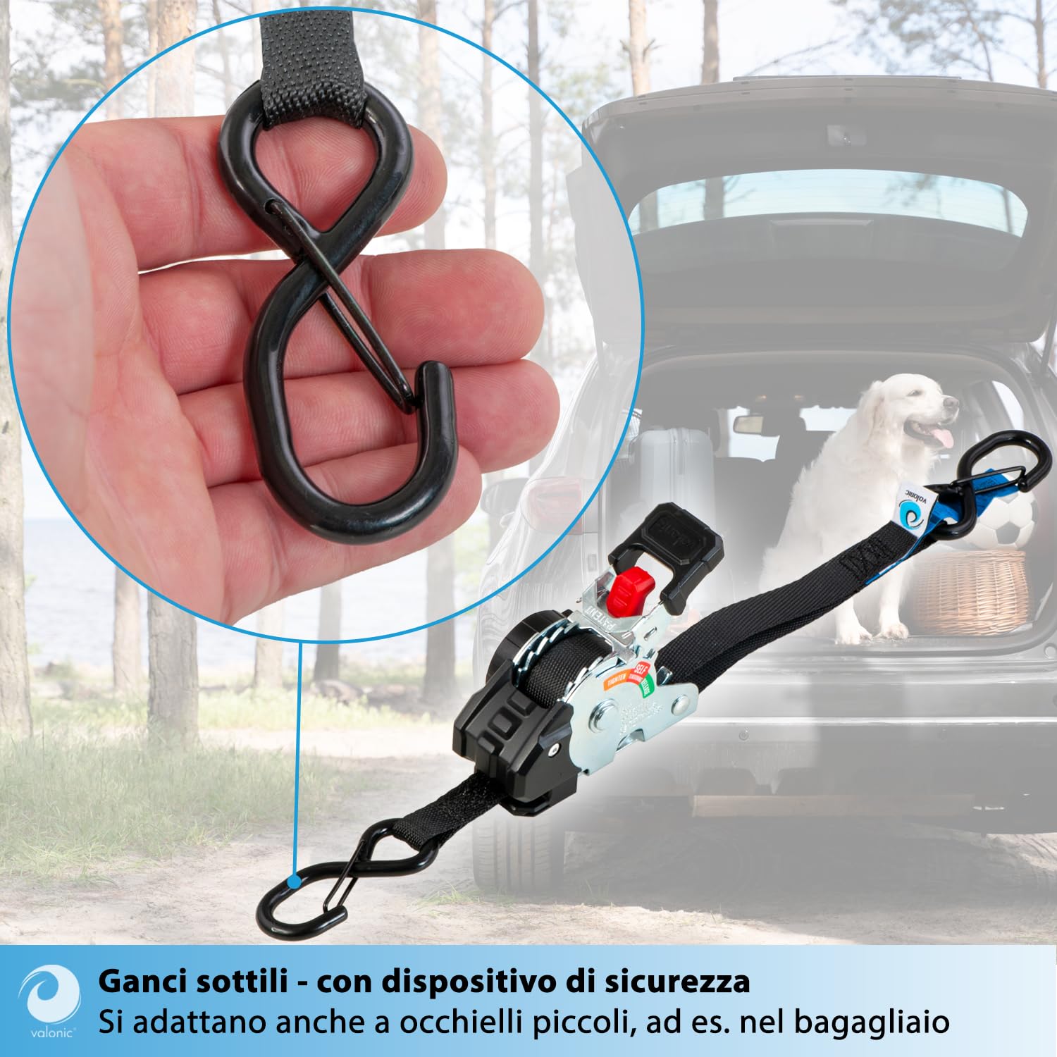 valonic CRETA 2 m, mini cinghie a cricchetto, per auto e rimorchio, set da 4, 150 kg forza di ancoraggio, 19 mm, per uso quotidiano e trasporto