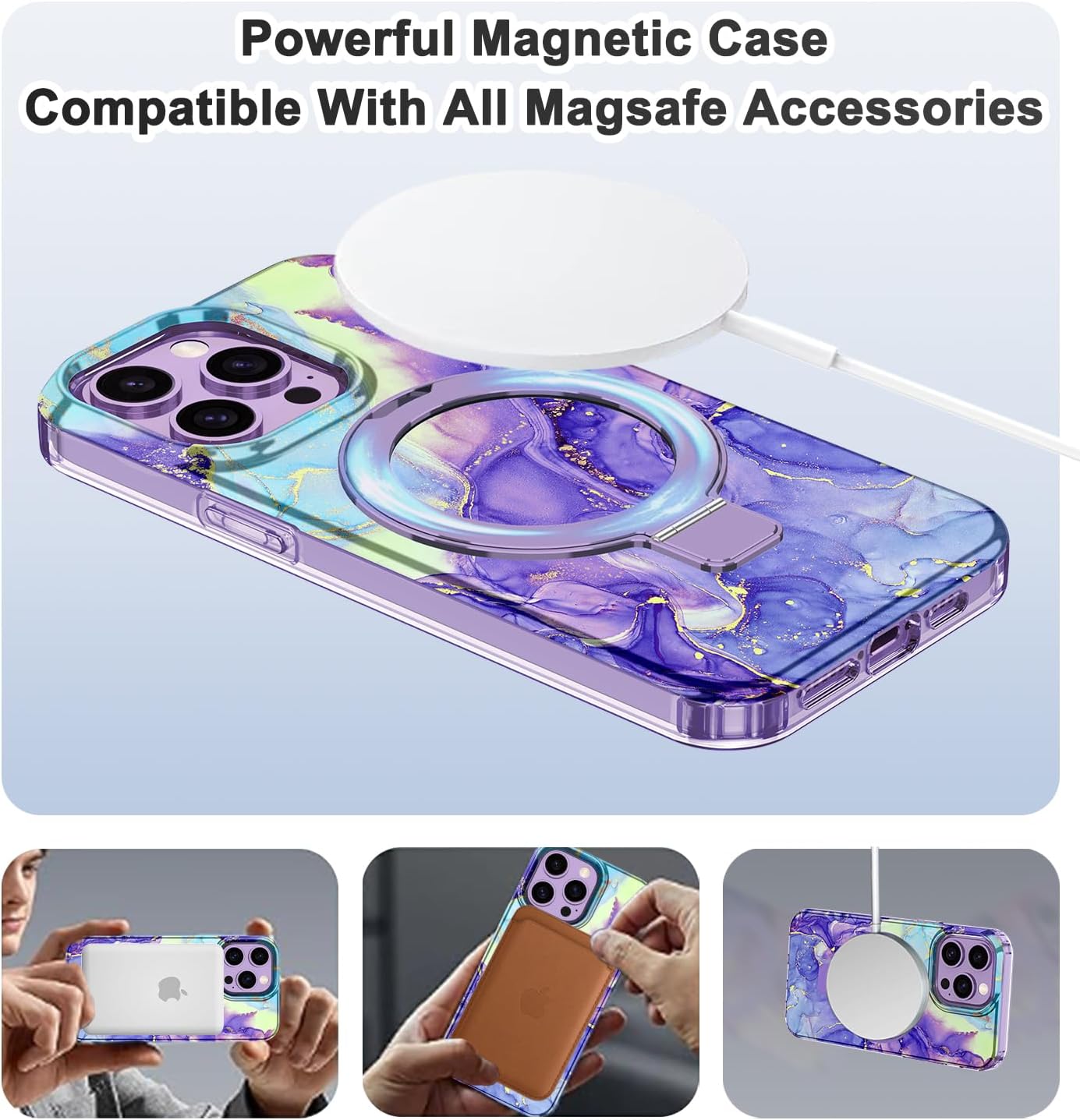 Lamcase for iPhone 14 Pro Max Case with Magnetic Invisible Ring Stand [Compatible with MagSafe], Full Body Rugged Slim Women Men Girl Shockproof Marble Pattern Design Case, Violet - Image 2