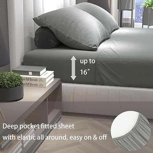 Miniatura 3 de Juego de sábanas tamaño Queen, 4 piezas, sábanas y fundas de almohada, microfibra cepillada transpirable, juego de sábanas extra suaves con bolsillo