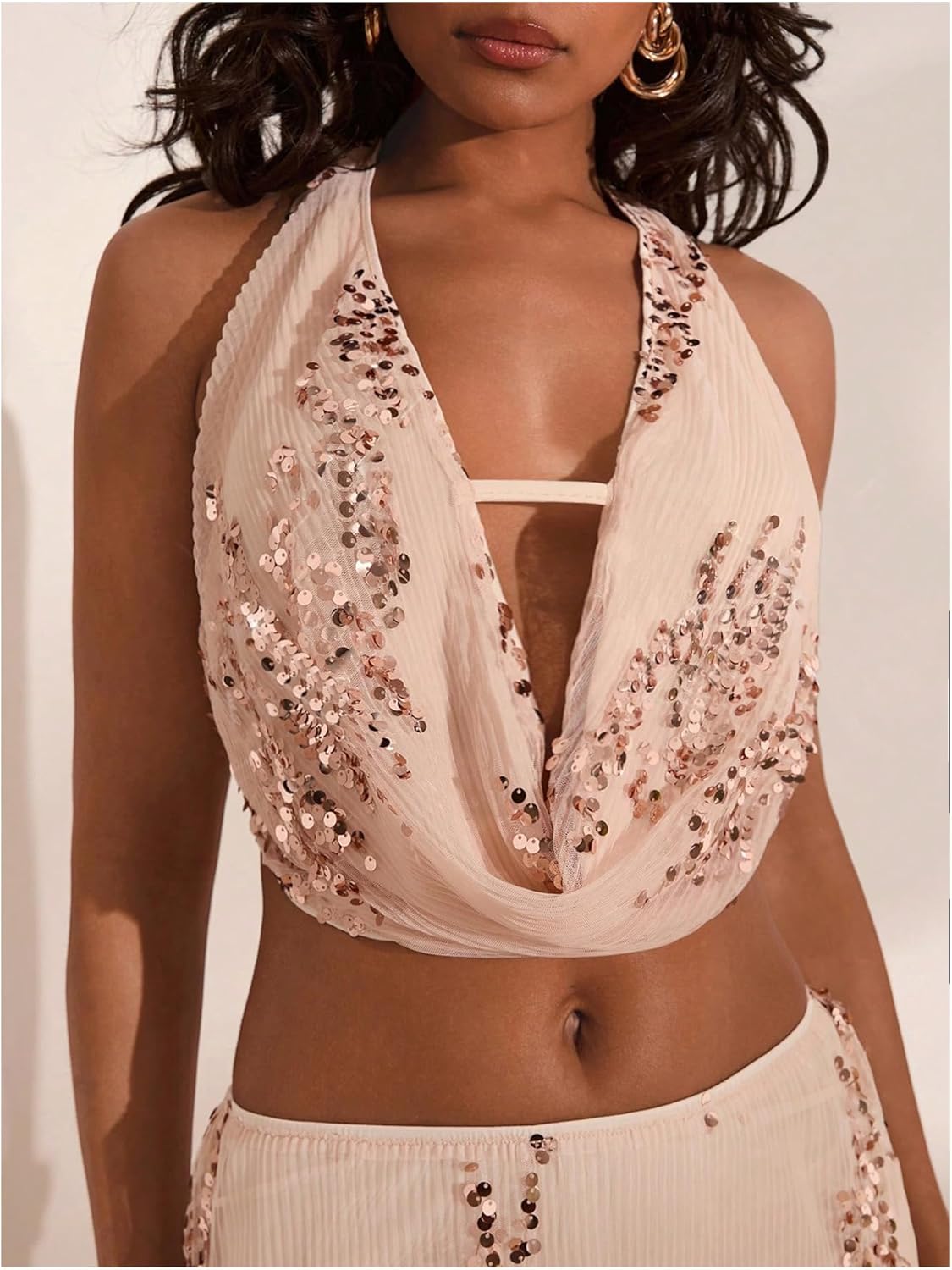 MakeMeChic Women's Sequin Skirt Sets Glitter Draped Halter Mesh Top and Mini Skirts 2 Piece Beach Vacation Outfits - Image 4