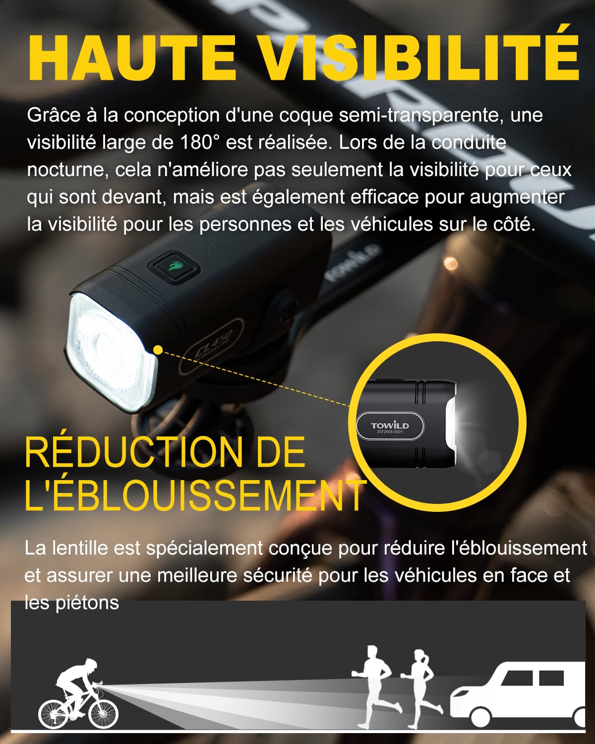 TOWILD CL450 Lampe Avant de Vélo, 450 Lumens Étanche IPX6 Éclairage Vélo USB-C 5 Modes Phares de Cyclisme, Lampe de Vélo Compacte et Légère de 95g Jusqu'à 7 Heures d'autonomie